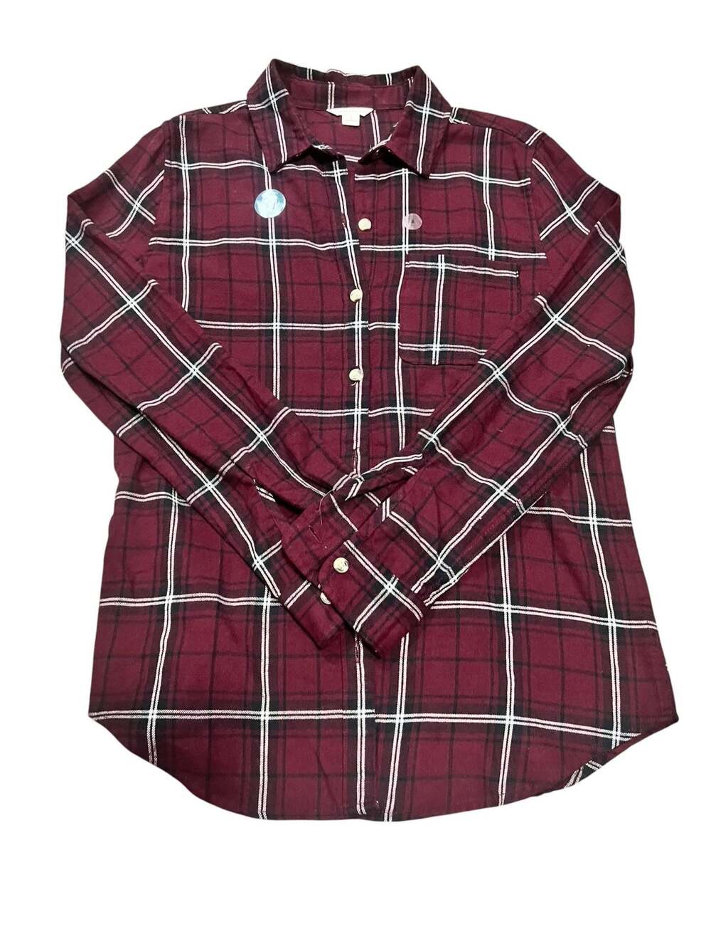 Aeropostale Women's Long Sleeve Button Front Plaid Flannel Shirt Burgundy Small